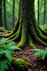 Tree roots visible on the forest floor with ferns and moss growing around them, ferns, forest floor, rainforest