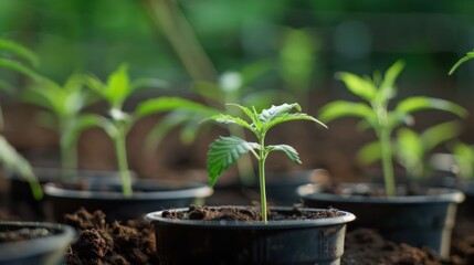 Young cannabis plants growing in pots on fertile soil under natural light in a greenhouse