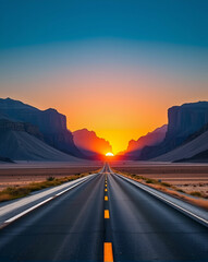 Straight road in the middle of the desert with magnificent mountains and the sunset.