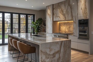 A modern kitchen featuring a marble countertop and hidden appliances. Generative AI