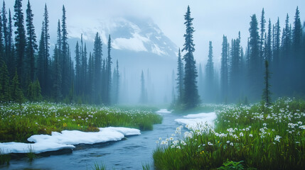 Misty alpine stream surrounded by snow patches, blooming wildflowers, and tall pine trees with distant snowy peaks