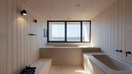 Modern Bathroom with Wooden Interior and Scenic Beach View