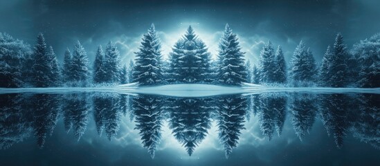 Fototapeta premium Symmetrical winter landscape featuring a serene lake reflecting snow-covered evergreen trees under a soft blue glow with tranquil icy tones.