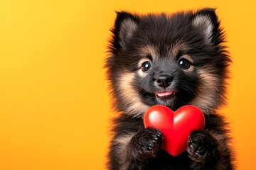 Finnish lapphund - my cherished dog. Promotion visual idea art. Cute finnish lapphund pup with diamond red heart - sign of love, funny greeting card. Love and companionship. February pet love.