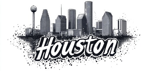 Houston skyline illustration featuring iconic buildings and a vibrant city atmosphere in a black and white artistic style