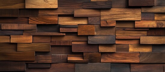 Fototapeta premium Natural wooden wall texture with rich brown hues, featuring an array of overlapping wooden planks showcasing unique grain patterns and textures.