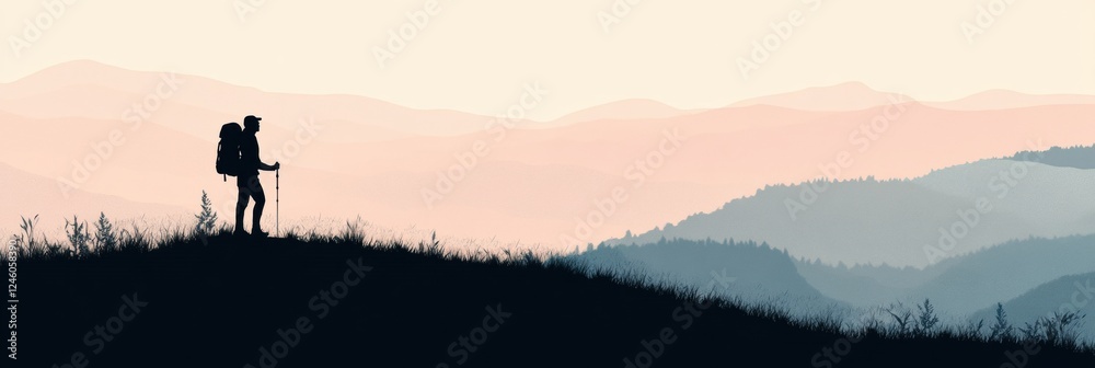 Poster silhouette of a hiker on a mountain ridge with scenic background ready for adventure and exploration