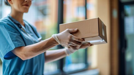 Healthcare professional receives a delivery package while wearing gloves in a modern medical facility.