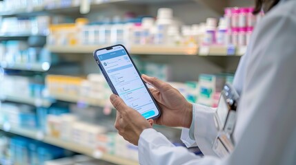 Pharmacist checking patient information on a smartphone in a modern pharmacy aisle filled with medications.