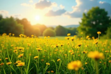 Warm sunlight illuminates a sea of yellow wildflowers in a tranquil meadow, , landscape, greenery