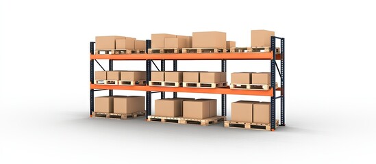 Warehouse shelves filled with cardboard boxes in an organized layout featuring orange accents, centered display for versatile mockup and branding use.