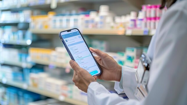 Pharmacist checking patient information on a smartphone in a modern pharmacy aisle filled with medications.
