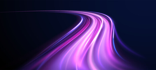 Creative vector illustration of flying cosmic meteor, planetoid, comet, fireball isolated on transparent background. Effect, png, wave,neon,line. Light arc in neon colors, in the form of a turn. 