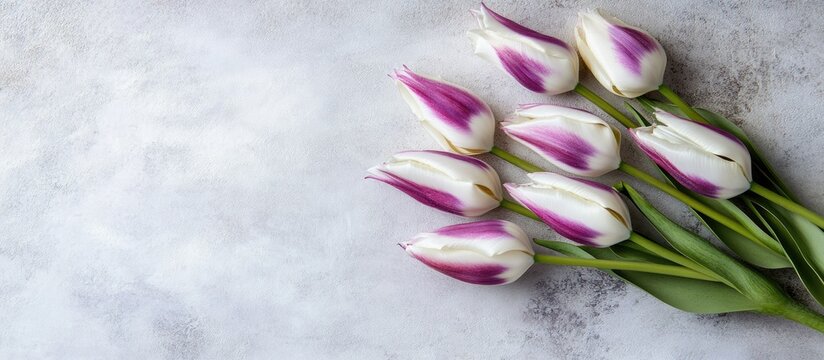 White and purple tulip buds arranged on a soft gray background with selective focus highlighting their beauty and elegance for visual impact.