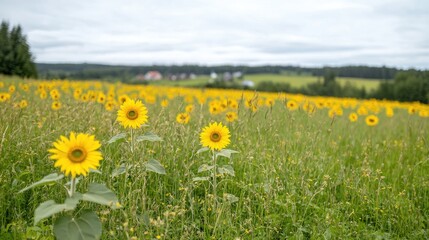 Fototapeta premium Sunflowers blooming in rural field, hills in background, summer