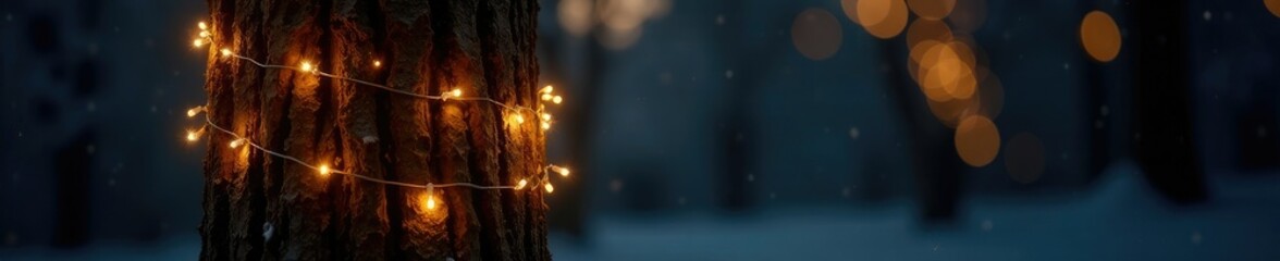 Twinkling fairy lights wrap around the tree's trunk, festive, shine