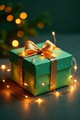 Twinkling fairy lights wrapped around a sage green gift box, string lights, gift box