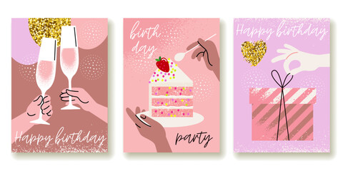 set of birthday posters with gifts, treats and booze. flat collage-style drawing with texture and lines. stock vector illustration. EPS 10.