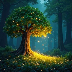 Twinkling fireflies in a forest clearing with a magical tree, tree, magical, sparkly