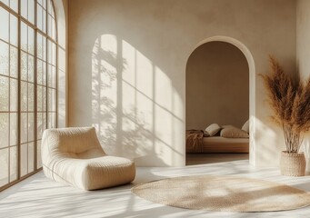 Fototapeta premium Minimalist Scandinavian Bedroom with Soft Pastel Colors and Natural Light