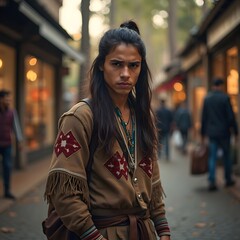 Fototapeta premium Raging Youth: Native American Teen's Mall Mission in Traditional Garb, Embracing Determination amidst Tranquil Forest Glow