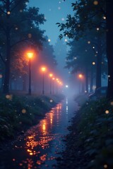 Obraz premium Twinkling lights amidst a hazy twilight scene, soft refraction, hazy illumination, mystical atmosphere