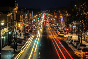 A lit-up night city with busy streets