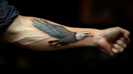 A detailed eagle tattoo on the forearm symbolizes power