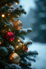 Twinkling lights dance along pine branch tips with golden ornaments, winter scenery, holiday decor, festive atmosphere