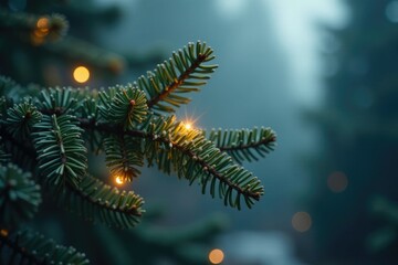 Twinkling lights on a bare evergreen branch with misty mornings, morning, evergreen