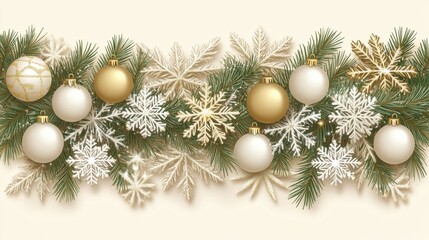 Elegant Christmas Decoration with Gold Ornaments and Snowflakes