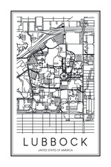 Printable downtown road map poster of the USA city of LUBBOCK on solid white background with city name