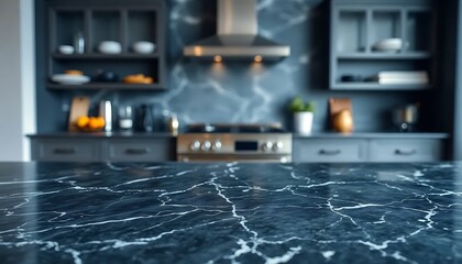 Black Marble Stone Counter Top Blurred Kitchen Interior Background