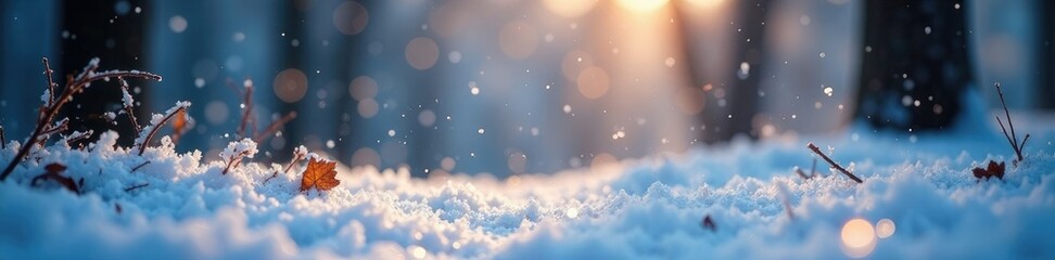 Twinkling snowflakes falling gently on a frosty forest floor, sparkle, frosty, winter