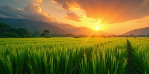 Serene Sunset Over Lush Green Rice Paddy Field in a Mountainous Region