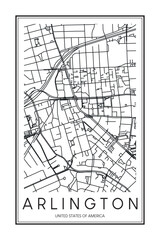 Printable downtown road map poster of the USA city of ARLINGTON on solid white background with city name