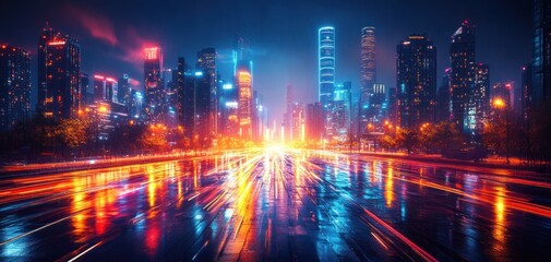 Fototapeta premium Futuristic Urban Cityscape at Night Bright Neon Lights High-Tech Skyscrapers and Dynamic Light Trails