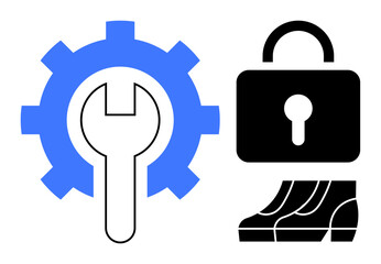 Gear with wrench inside, and a padlock and boot representing repair, security, and maintenance. Ideal for themes thumbs up mechanical work, technical support, protection, safety, industrial concepts