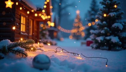 Twinkling string lights in a winter wonderland, holiday, magical, lights