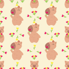 Seamless pattern with capybaras holding flowers on a soft beige background. Ideal for fabric, gift wrapping, greeting cards, wallpapers, and feminine-themed designs