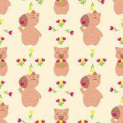 Seamless pattern with capybaras holding flowers on a soft beige background. Ideal for fabric, gift wrapping, greeting cards, wallpapers, and feminine-themed designs