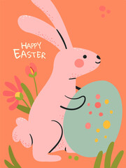 Vector Easter greeting card in naive style. Easter bunny with egg on orange background