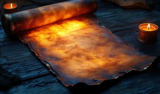 vintage paper scroll parchment antique document isolated on dark wooden table candlelight