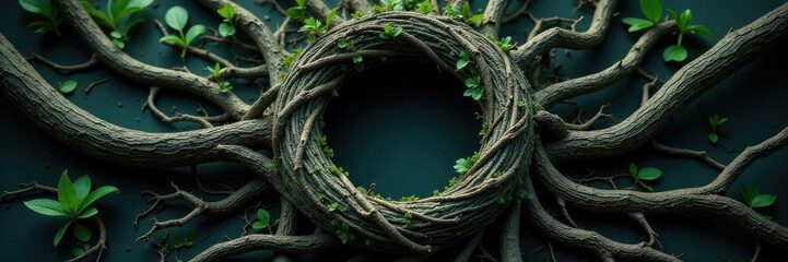 Twisted roots and gnarled tree trunks surround the wreath, gothic, tree, twisted
