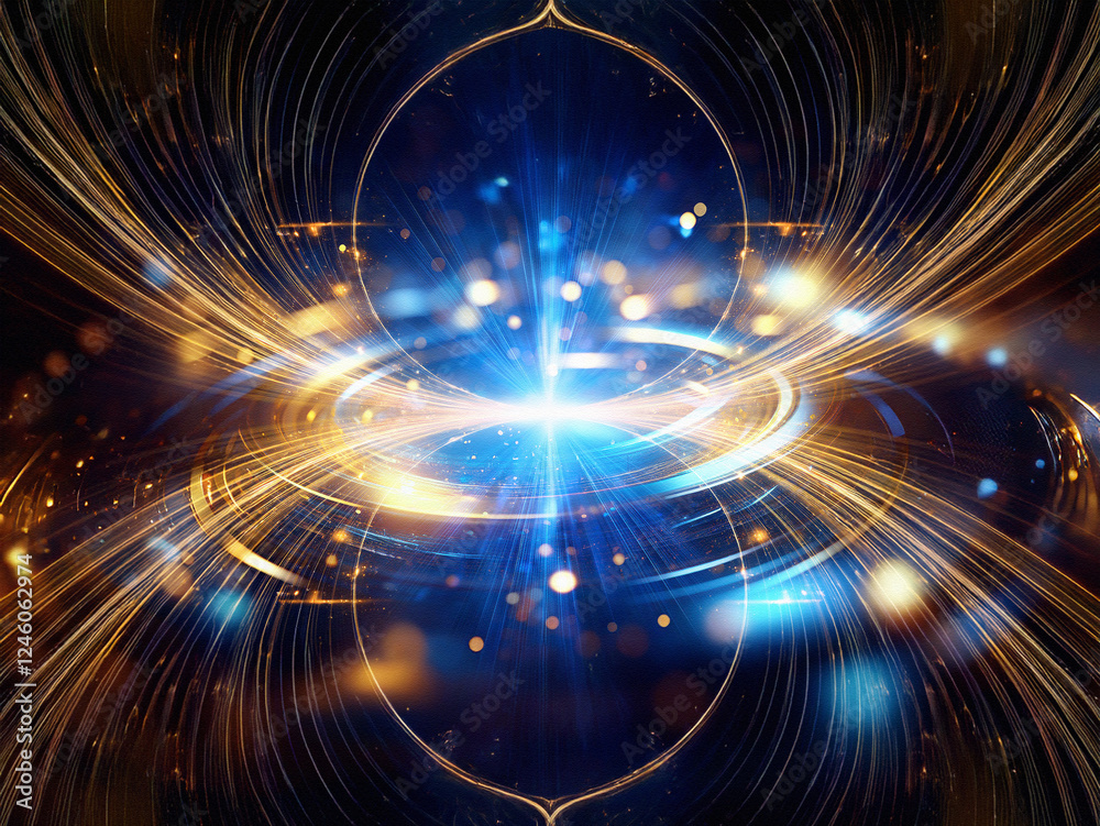 Poster Abstract digital art depicting concentric metallic rings glowing with blue and gold light, creating a mesmerizing, futuristic effect.  Sparkling particles add to the ethereal ambiance.