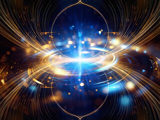 Obraz premium Abstract digital art depicting concentric metallic rings glowing with blue and gold light, creating a mesmerizing, futuristic effect. Sparkling particles add to the ethereal ambiance.