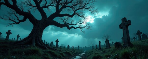 Twisted tree branches stretch towards darkening sky, graveyard, grave, eerie