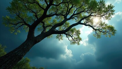 Fototapeta premium Twisted tree branches tangled in a stormy sky, foliage, nature, tree