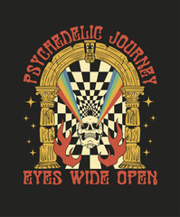 skull with rainbow rays from eyes, psychedelic illustration, t-shirt print, poster, optical illusion