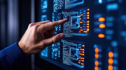 Fototapeta premium Person interacting with digital interface on futuristic touchscreen display